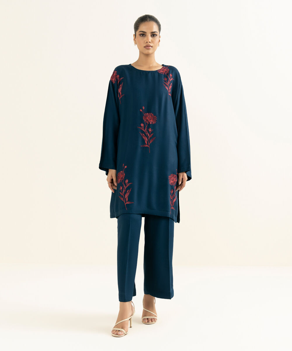 Women's RTW Bedford  Embroidered Teal Drop Shoulder Shirt