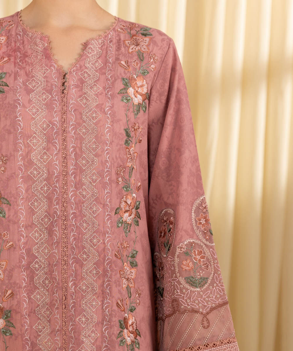 Unstitched Women's Pink Jacquard Embroidered 3 Piece Suit