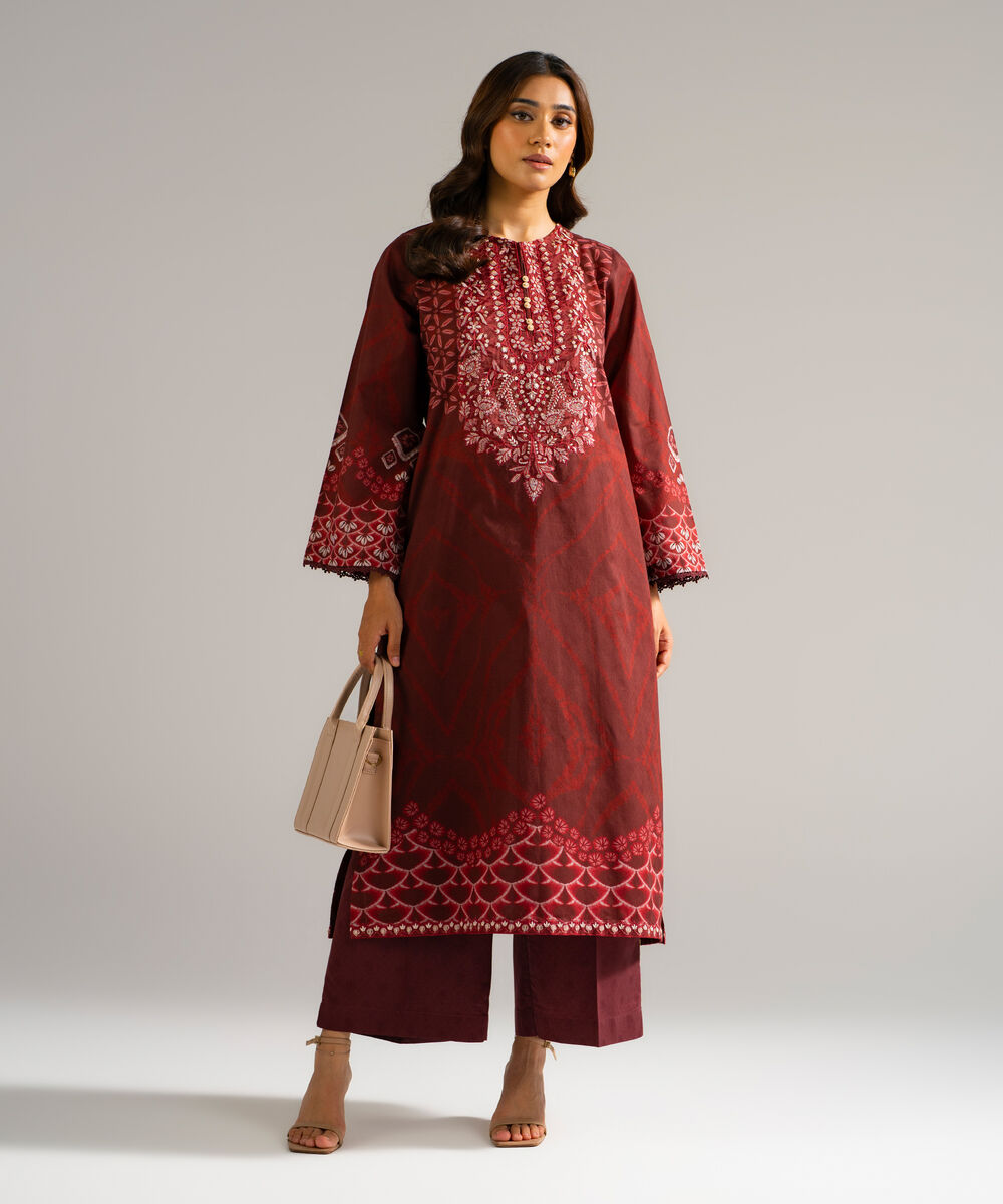 Women's RTW Self Jacquard Embroidered Red 2 Piece Suit