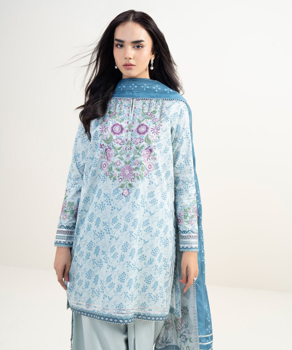 Women's Unstitched Lawn Embroidered Blue 3 Piece Suit