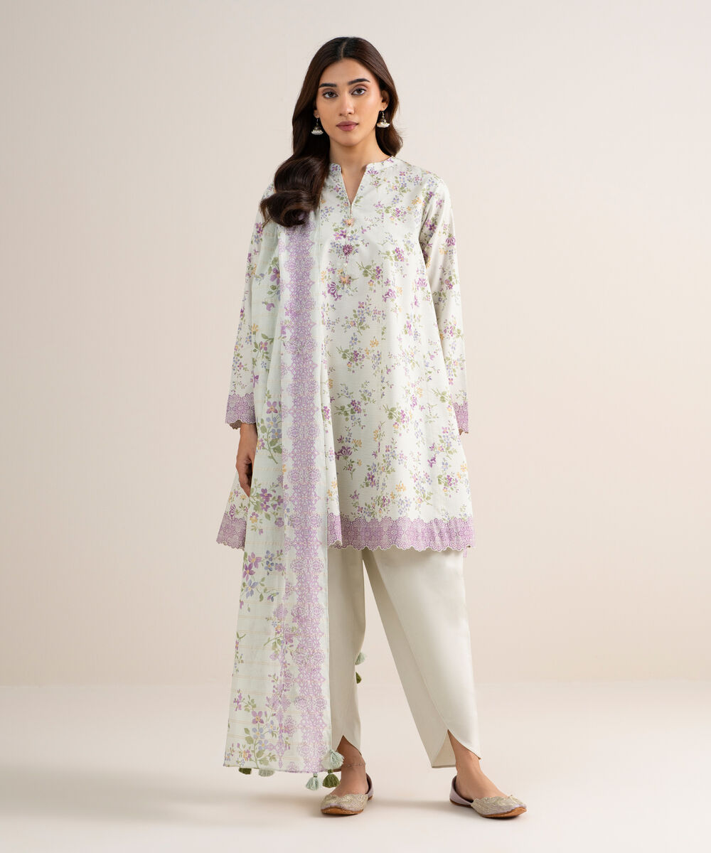Women's Unstitched Zari Lawn Printed Off White