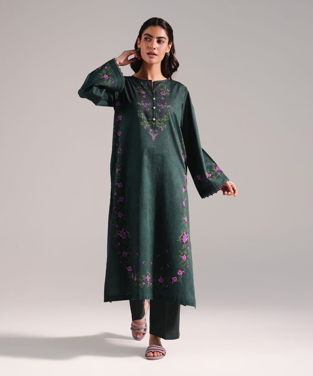 Women's RTW Dobby Printed Dark Green 2 Piece Suit