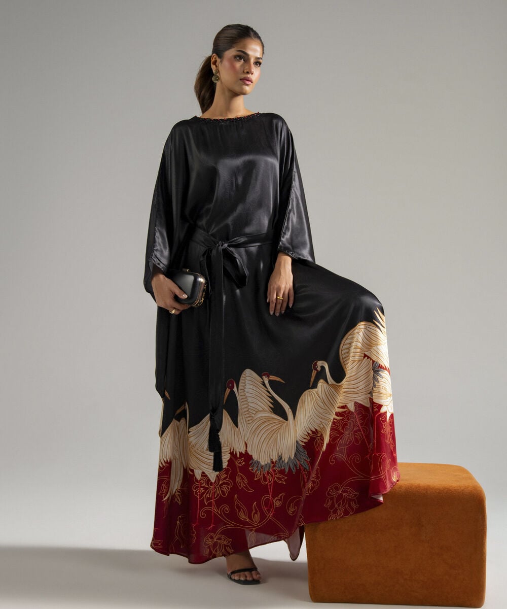 Women's RTW Blended Satin Printed Black Kaftan