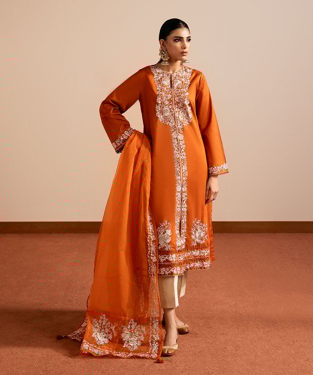 Embroidered Cotton Jacquard Shirt Women's Pret Cotton Jacquard Orange Embroidered A-Line Shirt