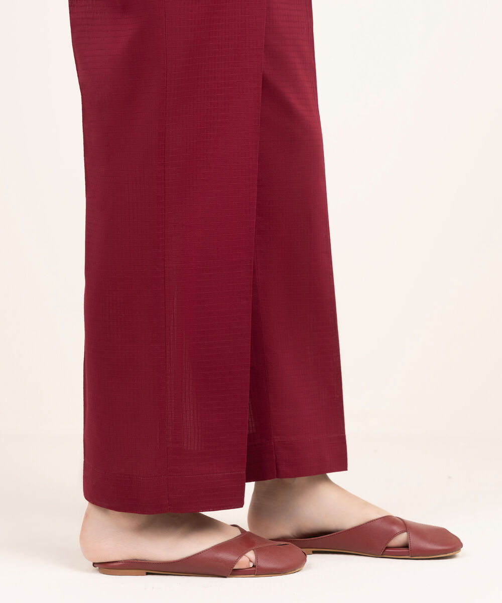 Women's RTW Textured Cotton Solid Red Straight Pants