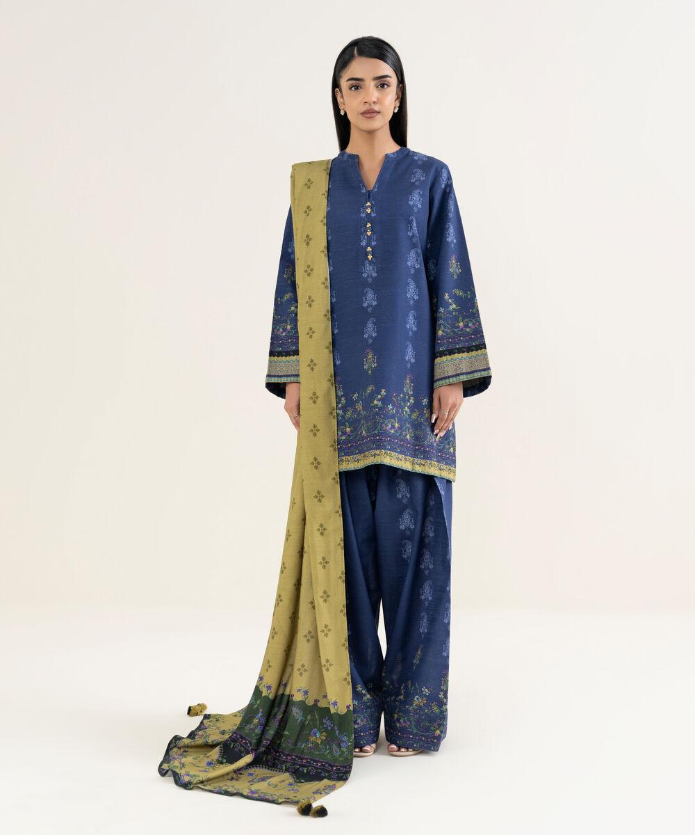 Women's Unstitched Printed Light Khaddar Blue 3 Piece Suit