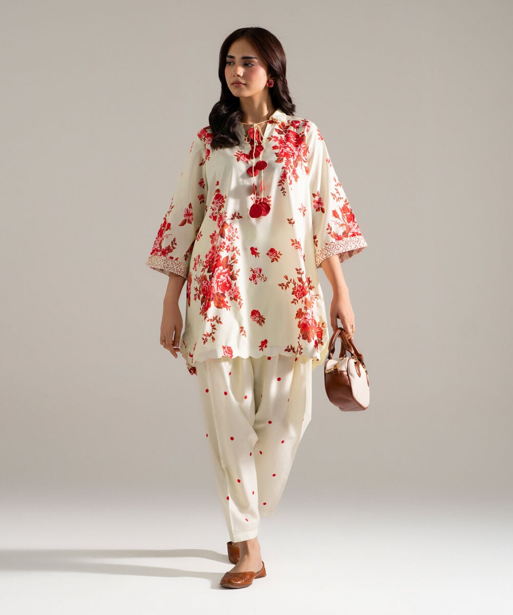 Women's RTW Cotton Viscose Printed Off White 2 Piece Suit