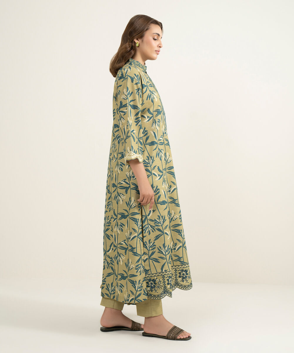 Women's Three Piece Beige and Blue Khaddar Embroidered Suit