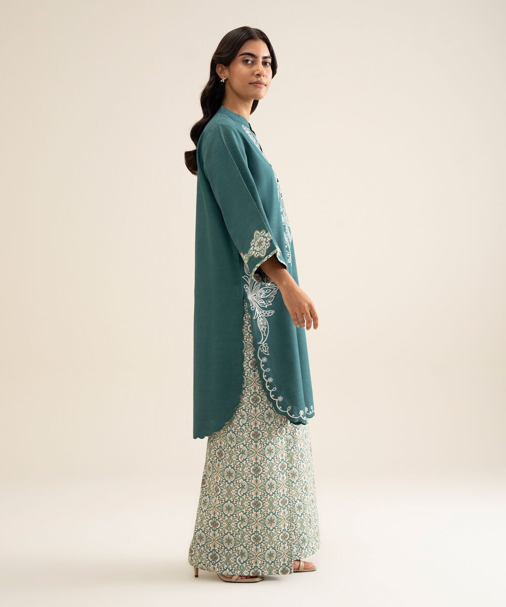 Women's Unstitched Light Khaddar Embroidered Teal Blue 2 Piece Suit