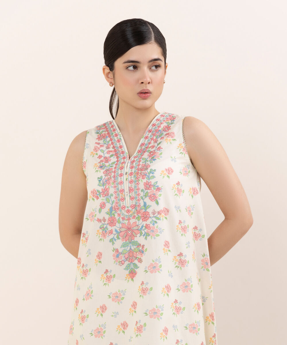 Women's Unstitched Cotton Embroidered Off White Two Piece Suit