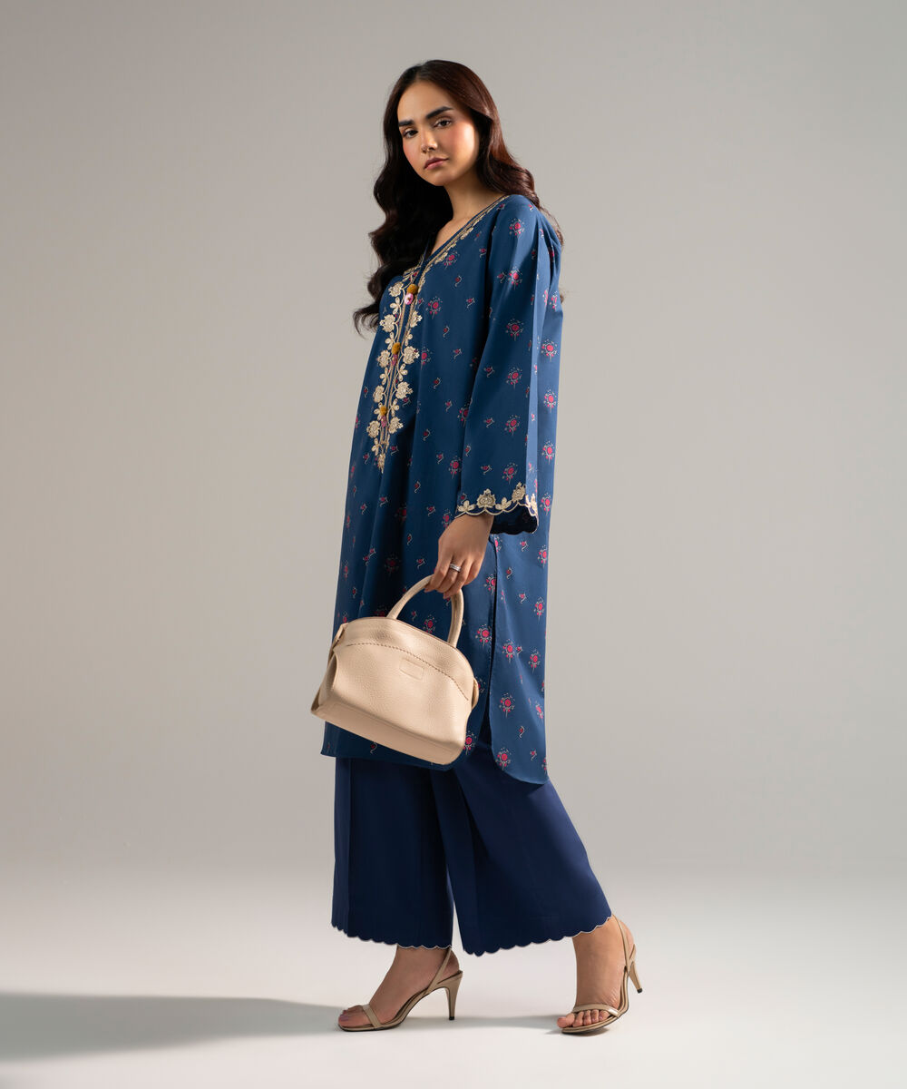 Women's RTW Lawn Embroidered Dark Blue A-Line Shirt