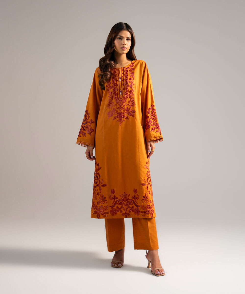 Women's RTW Dobby Embroidered Orange 2 Piece Suit
