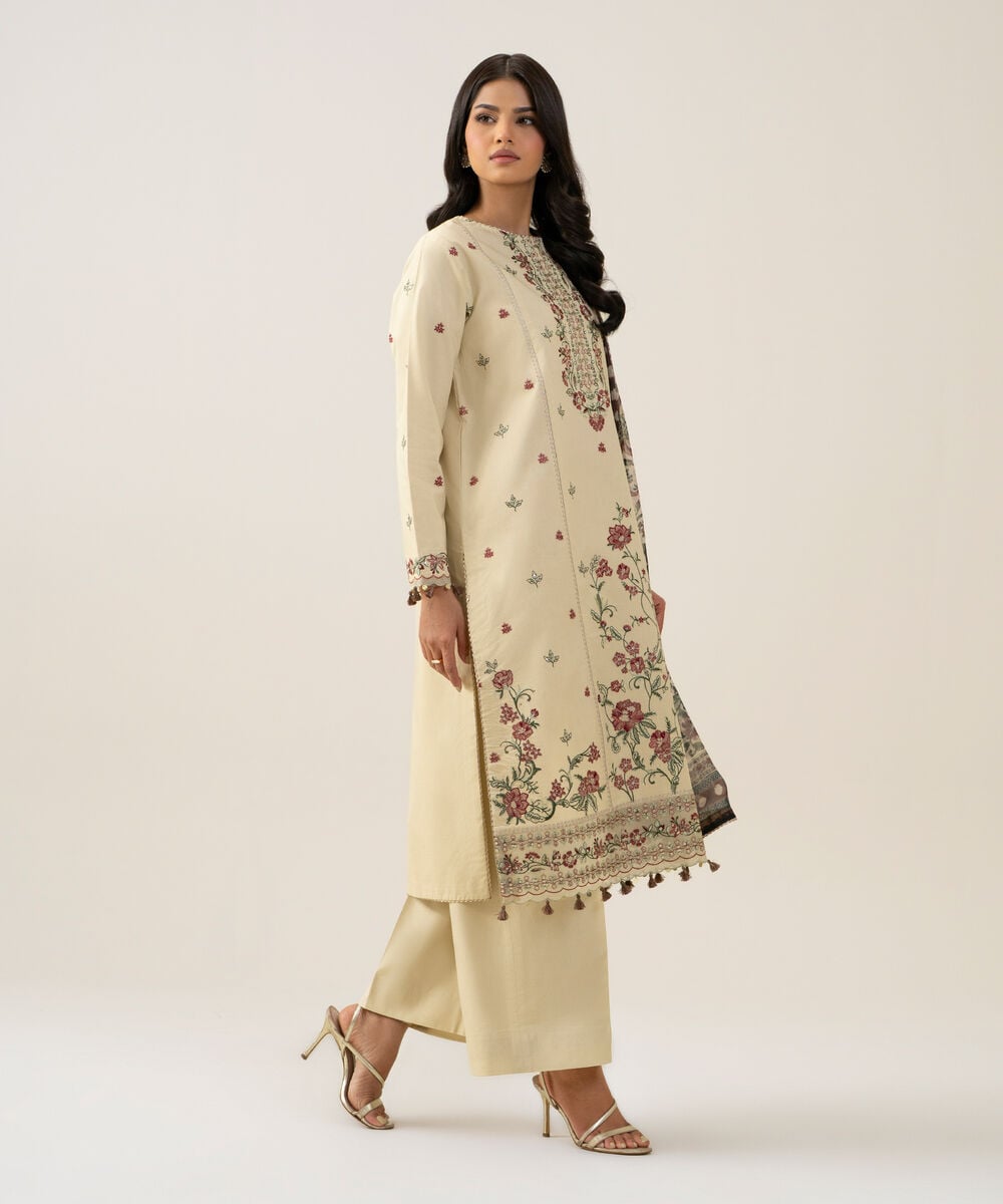 Women's Unstitched Bemberg Tissue Embroidered Beige 3 Piece Suit