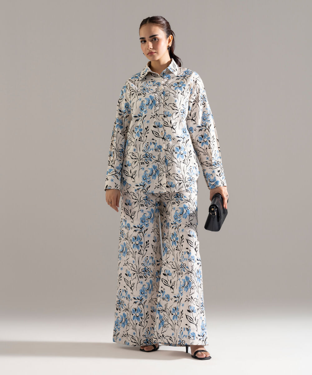 Women's RTW Seersucker Printed White 2 Piece Suit