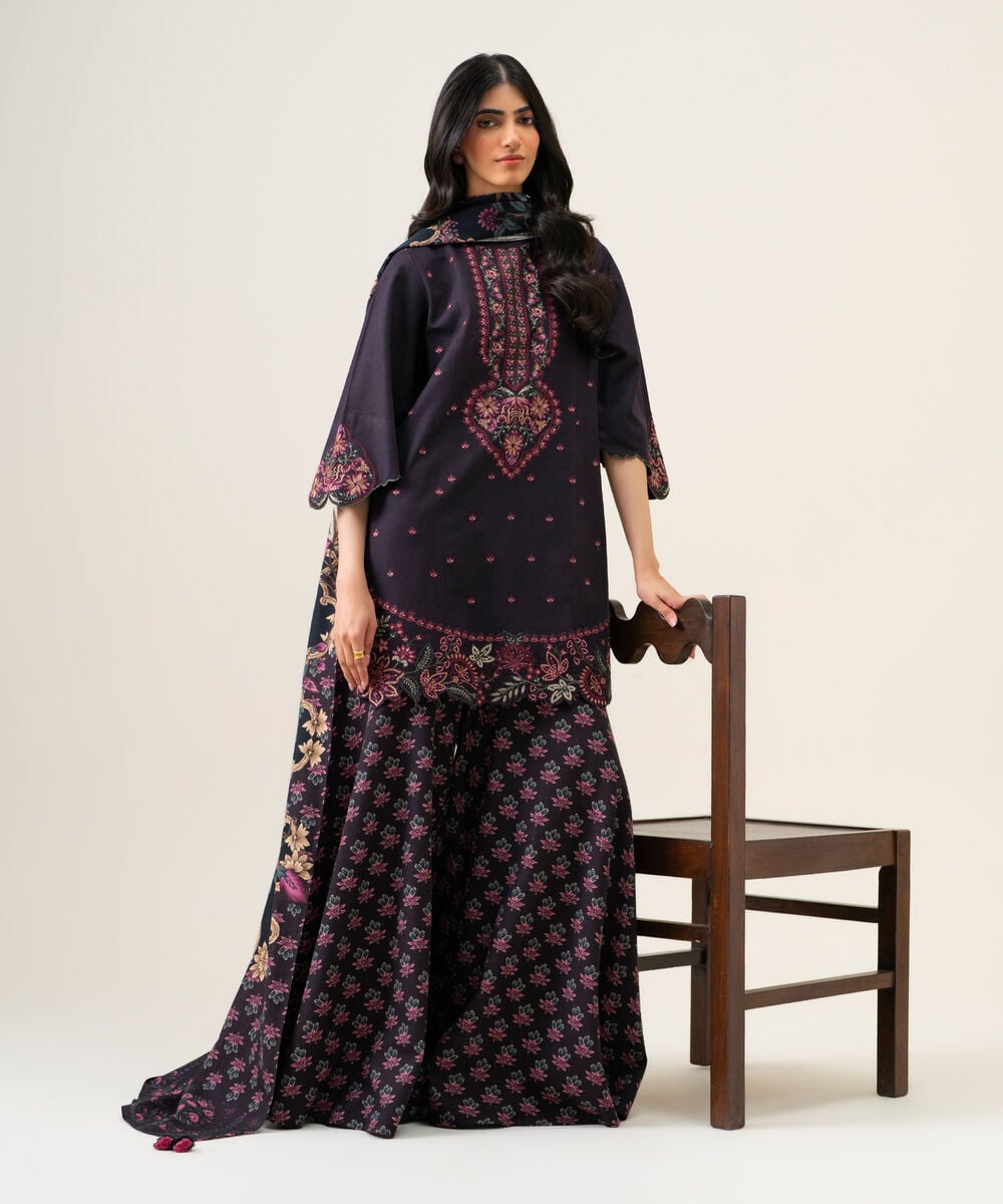 Womens Unstitched Light Khaddar Embroidered Black 3 Piece Suit