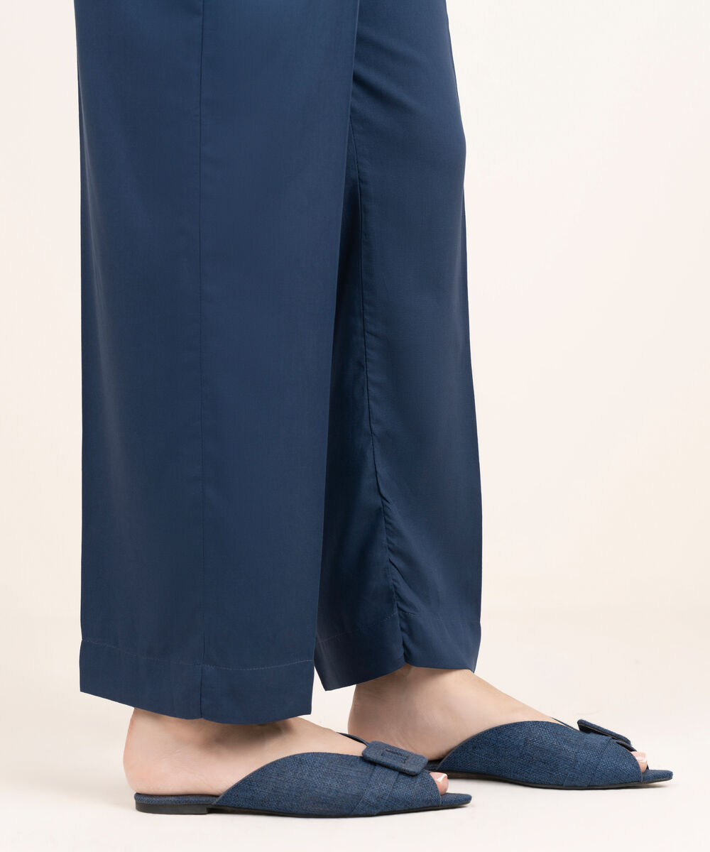 Women's RTW Viscose Linen Solid Blue Straight Pants