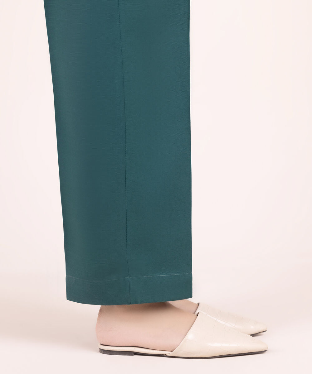 Women's RTW Textured Viscose Solid Green Straight Pants