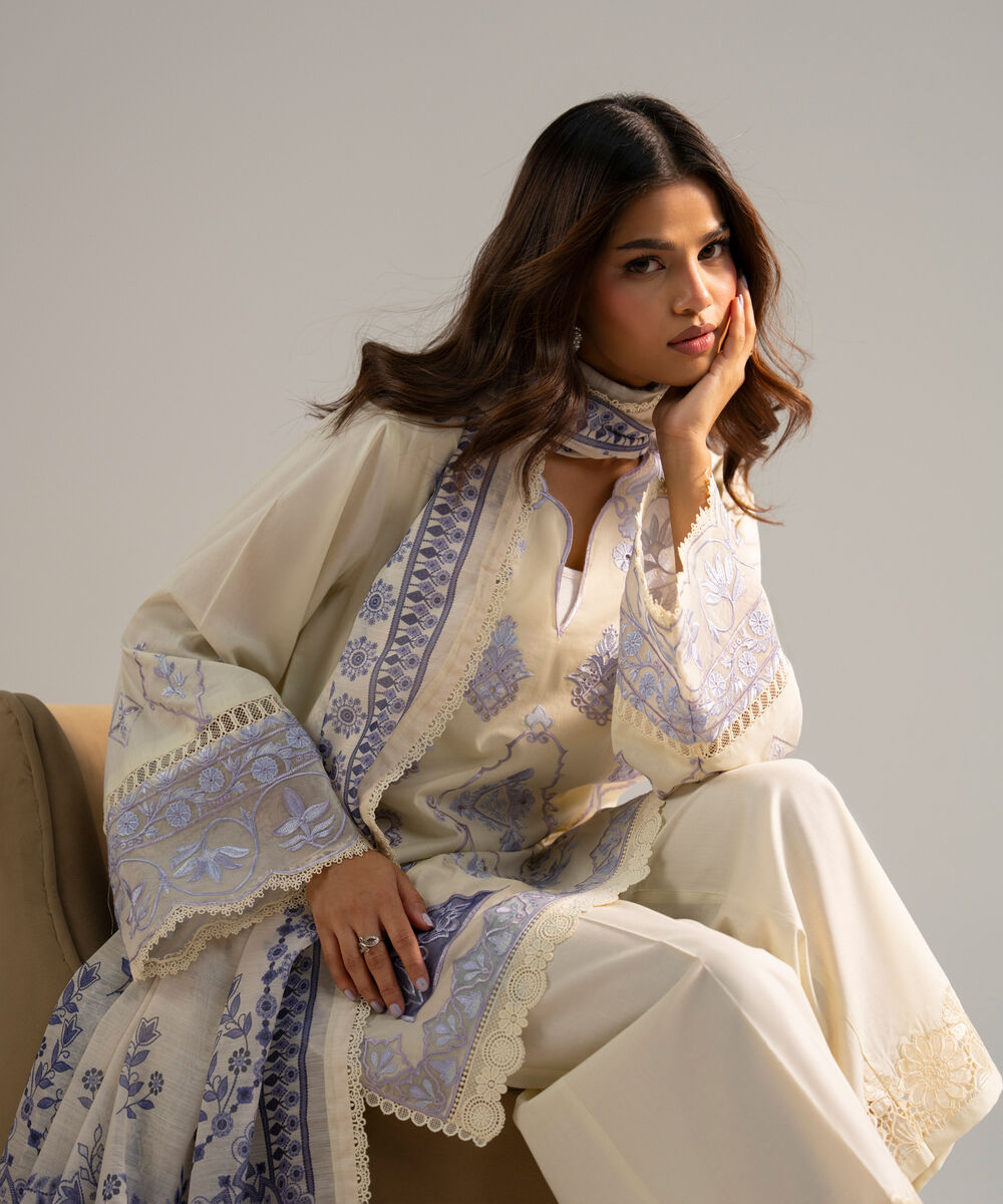 Women's RTW Lawn Embroidered Off White 3 Piece Suit