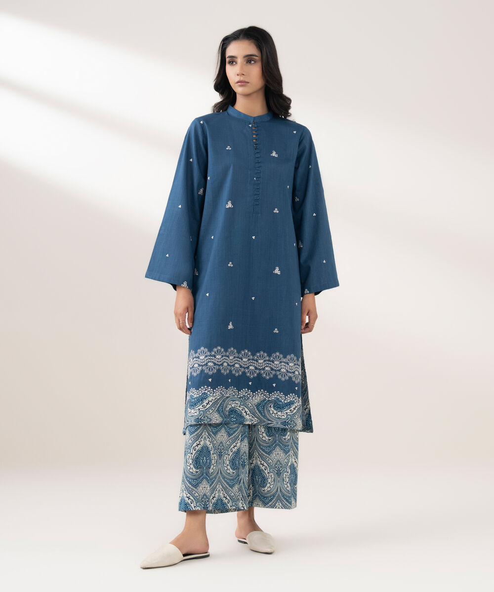 Women's RTW Cross Hatch Embroidered Blue 2 Piece Suit