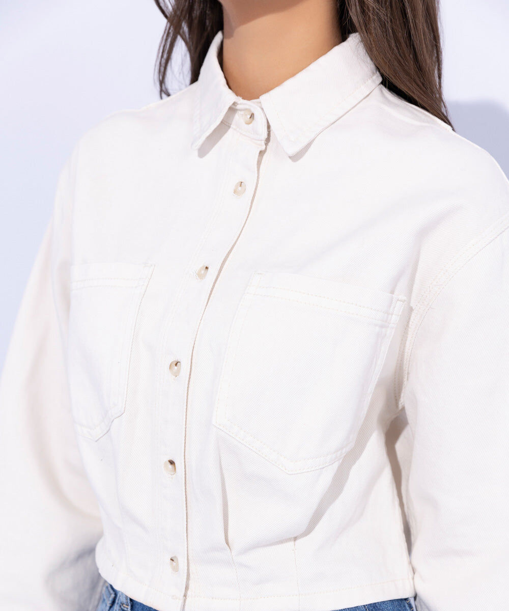 Woman - White Cropped Twill Jacket