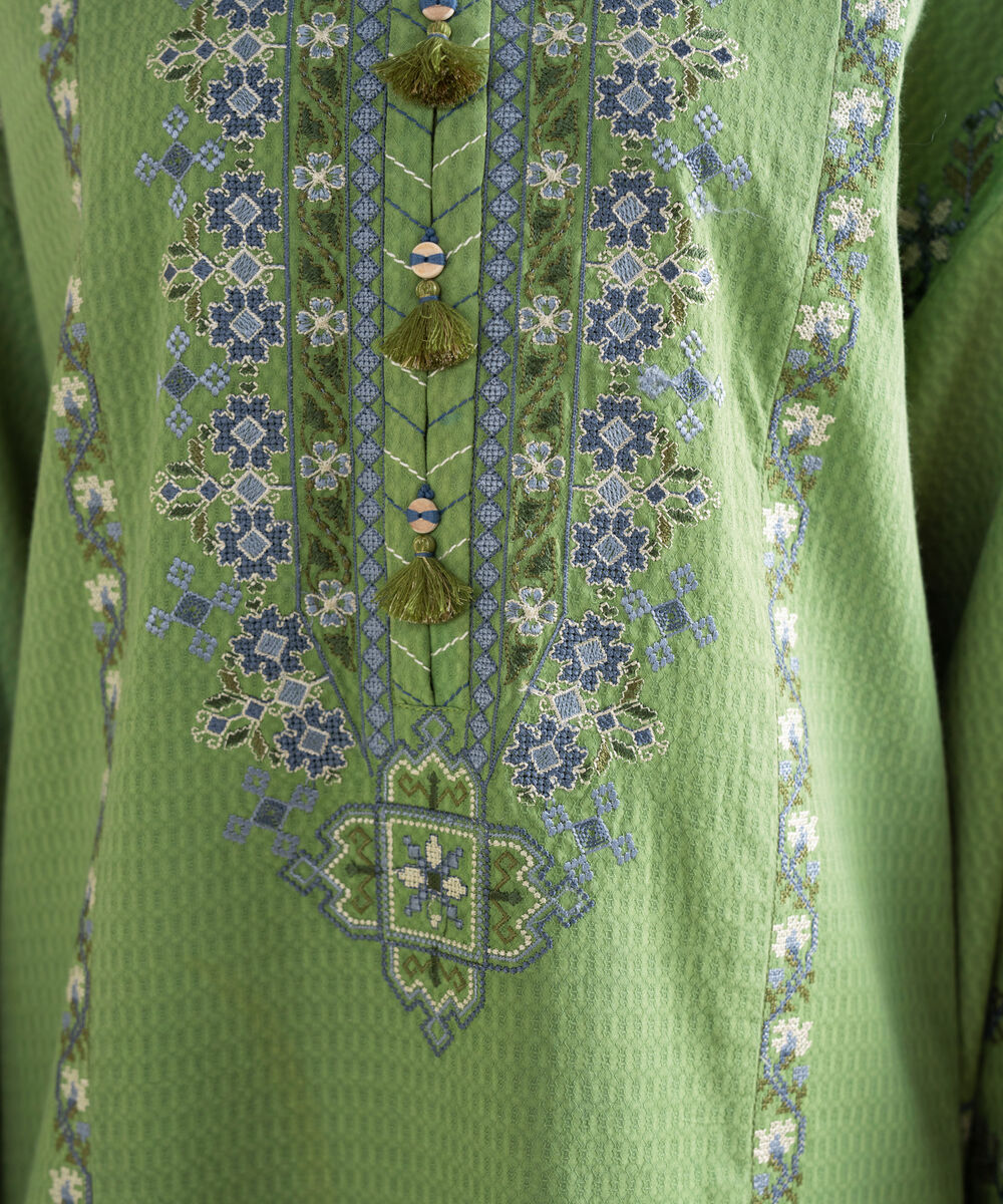 Women's Unstitched Dobby Embroidered Green  3 Piece Suit