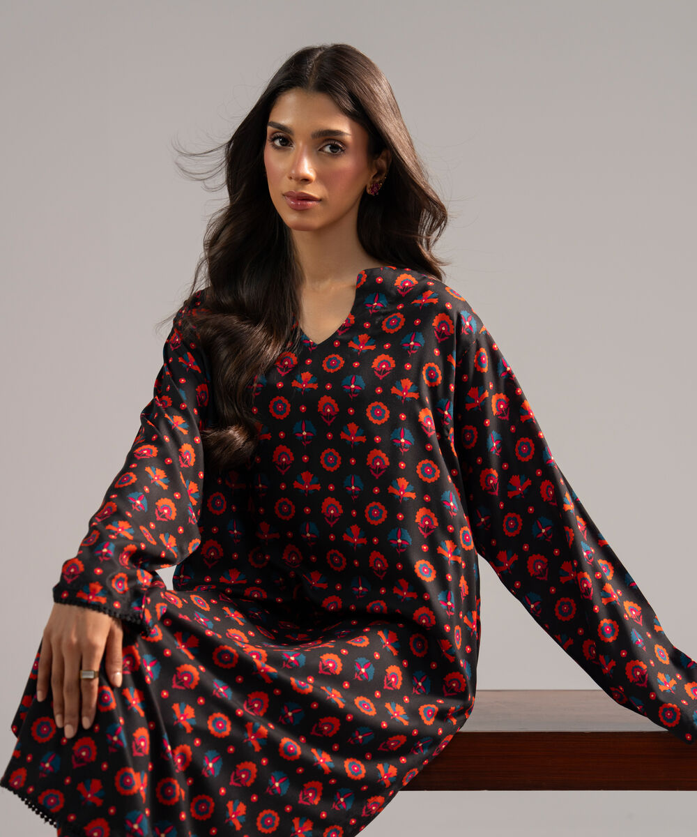 Women's RTW Arabic Lawn Printed Black 2 Piece Suit
