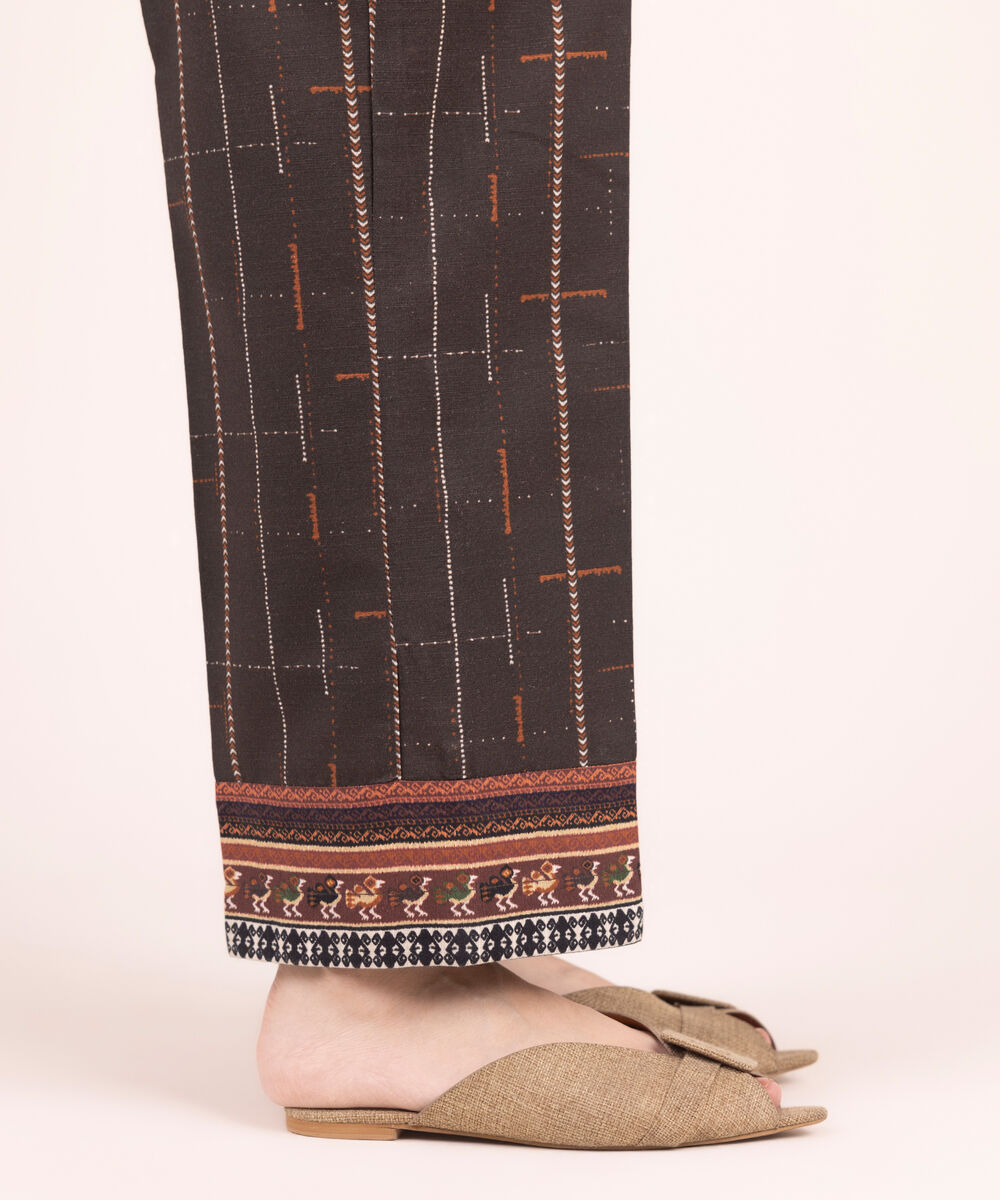Women's RTW Khaddar Printed Brown Straight Pants