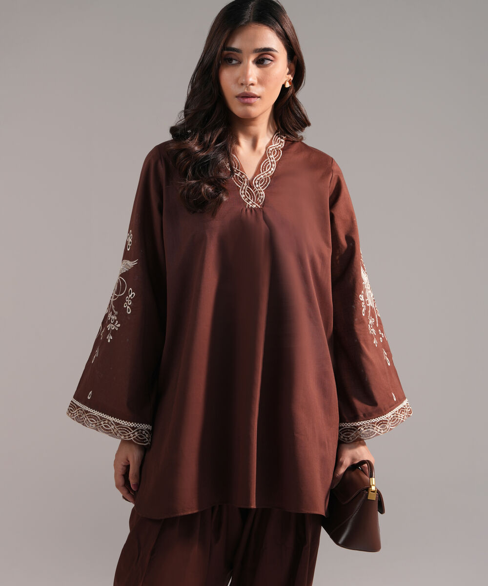 Women's RTW Crosshatch Embroidered Brown Straight Shirt