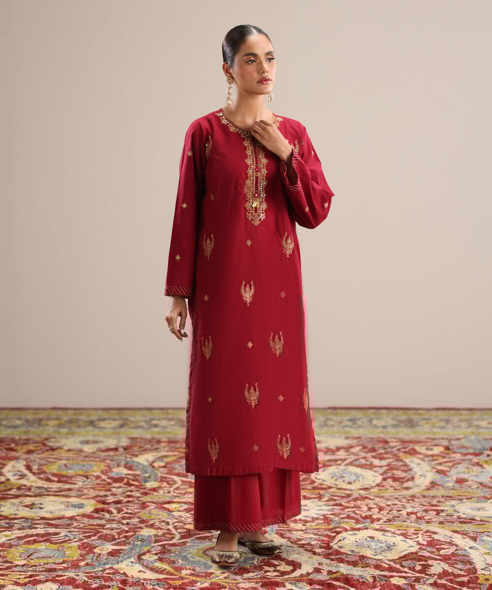 Embroidered Cotton Shirt Women's RTW Textured Cotton Maroon Embroidered Straight Shirt