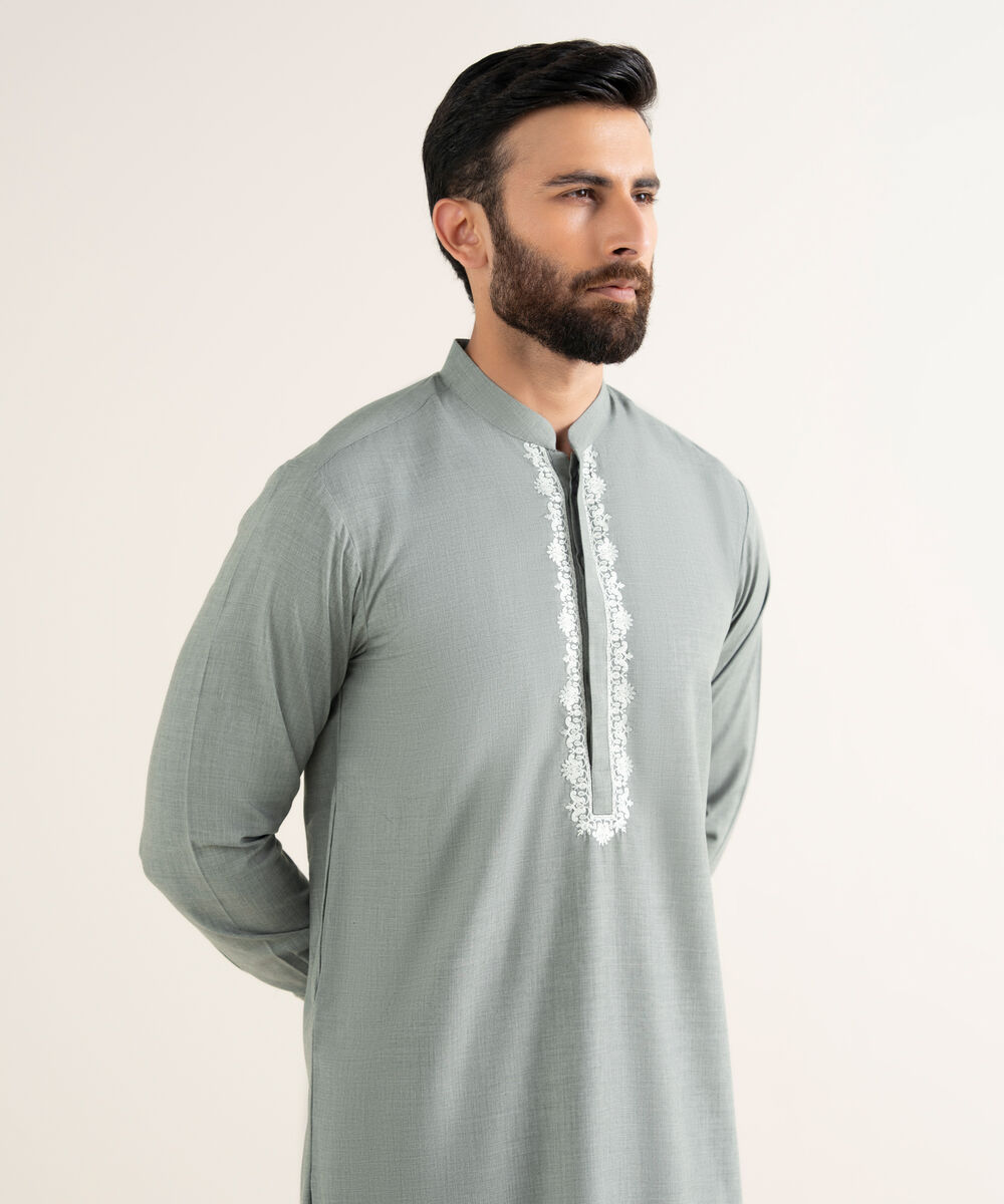 Men's Textured Wash & Wear Embroidered Grey Kurta Shalwar