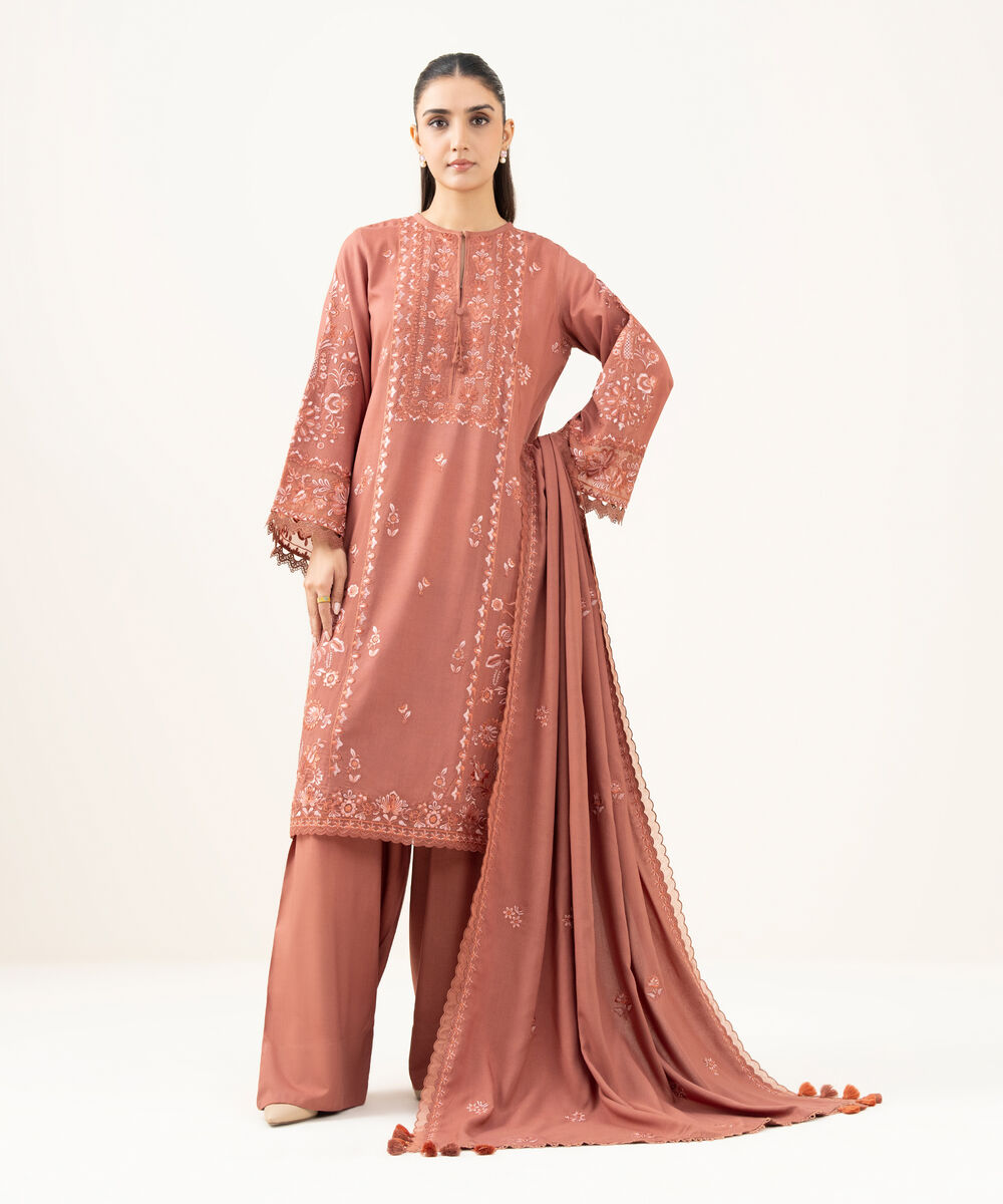 Women's Unstitched Embroidered Linen Dusty Rust 3 Piece Suit