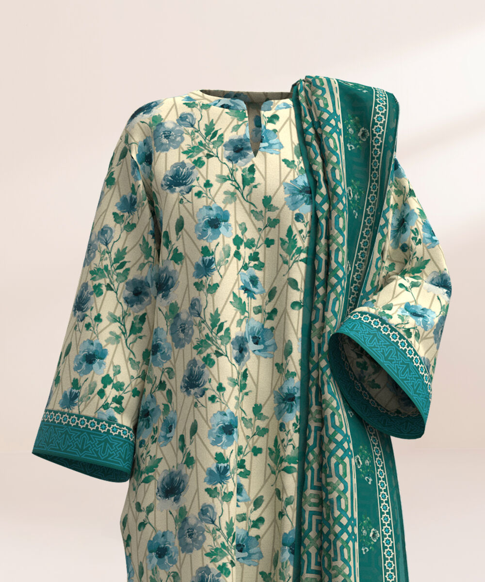 Women's Three Piece Printed Mauve Lawn Suit