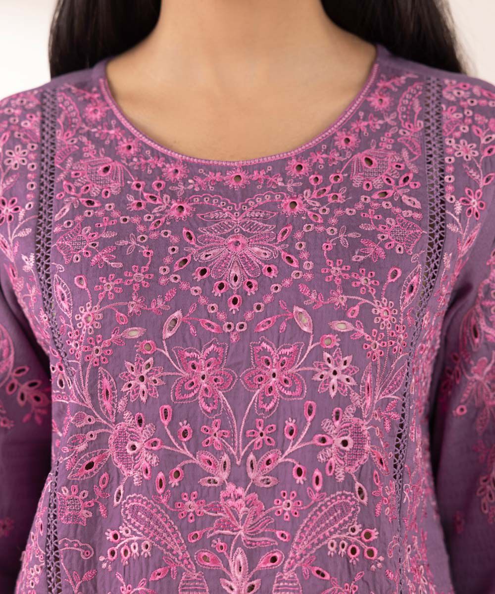 Women's RTW Dobby Purple Embroidered A-Line Shirt