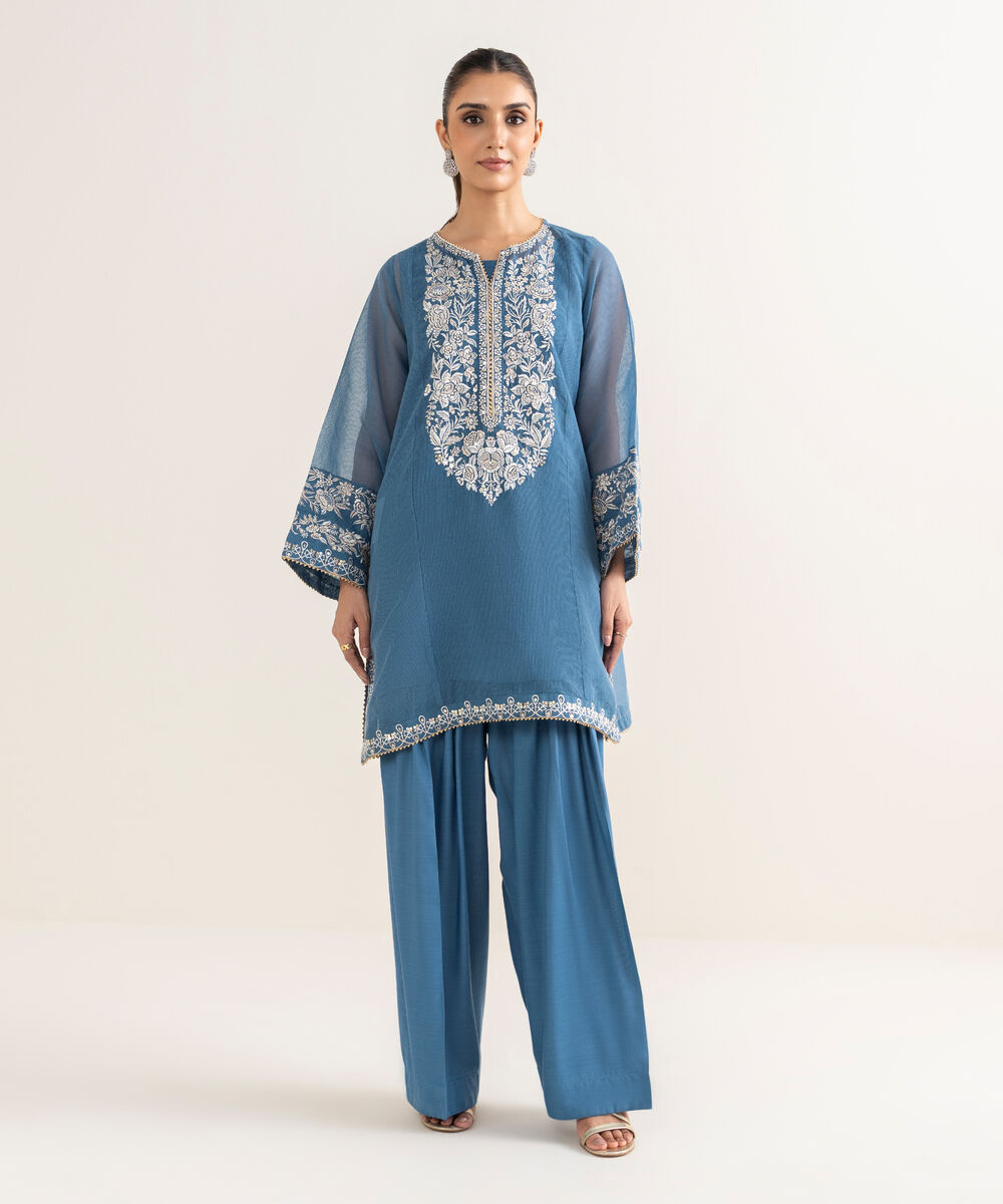 Women's RTW Blended Textured Karandi Embroidered Straight Blue Shirt