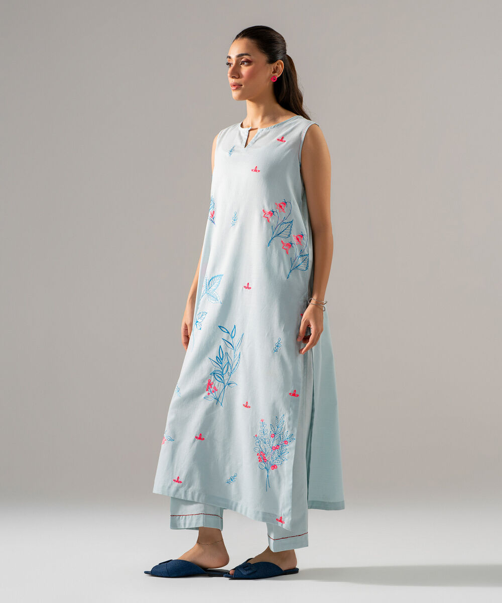 Women's RTW Dobby Solid Embroidered Blue 2 Piece Suit