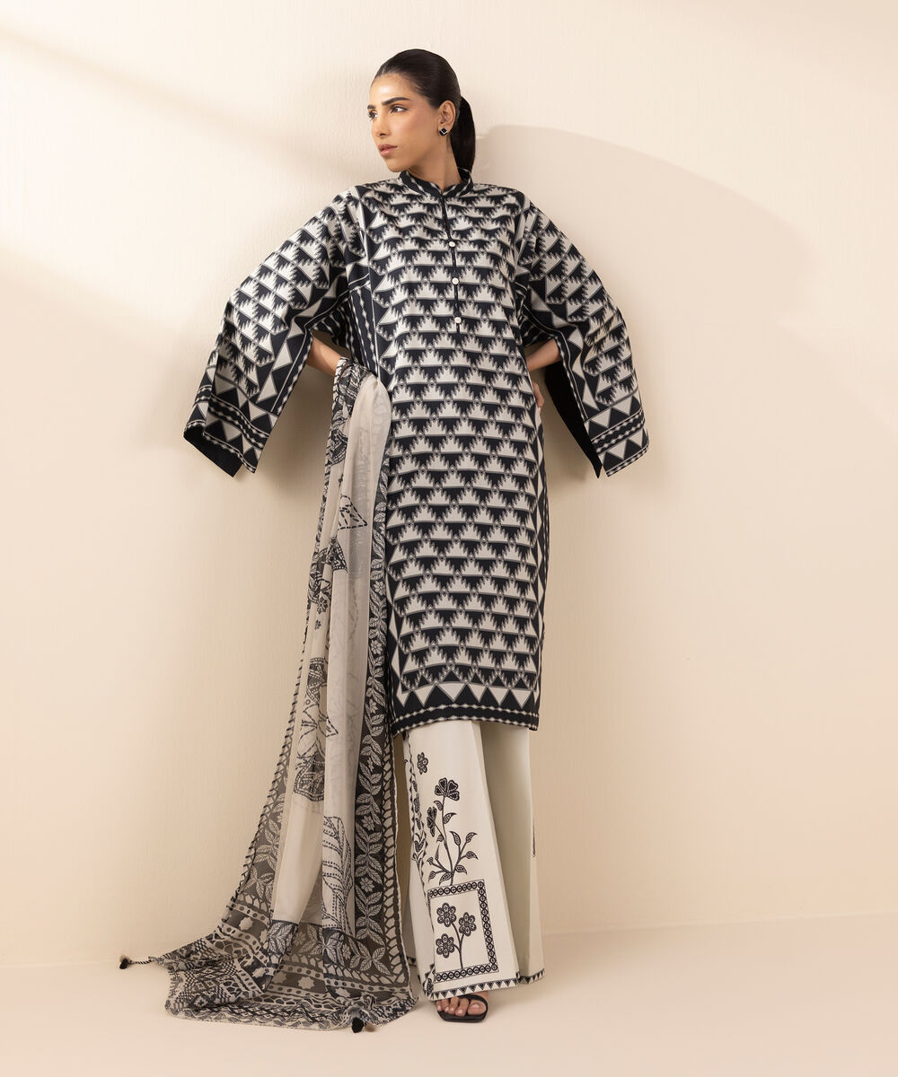 Women's Unstitched Lawn Printed Black 3 Piece Suit