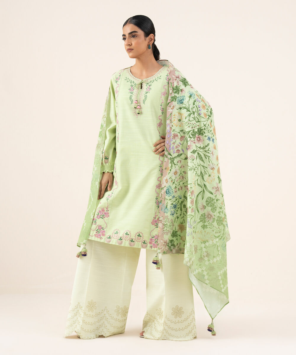 Women's Unstitched Cotton Embroidered Green 2 Piece Suit