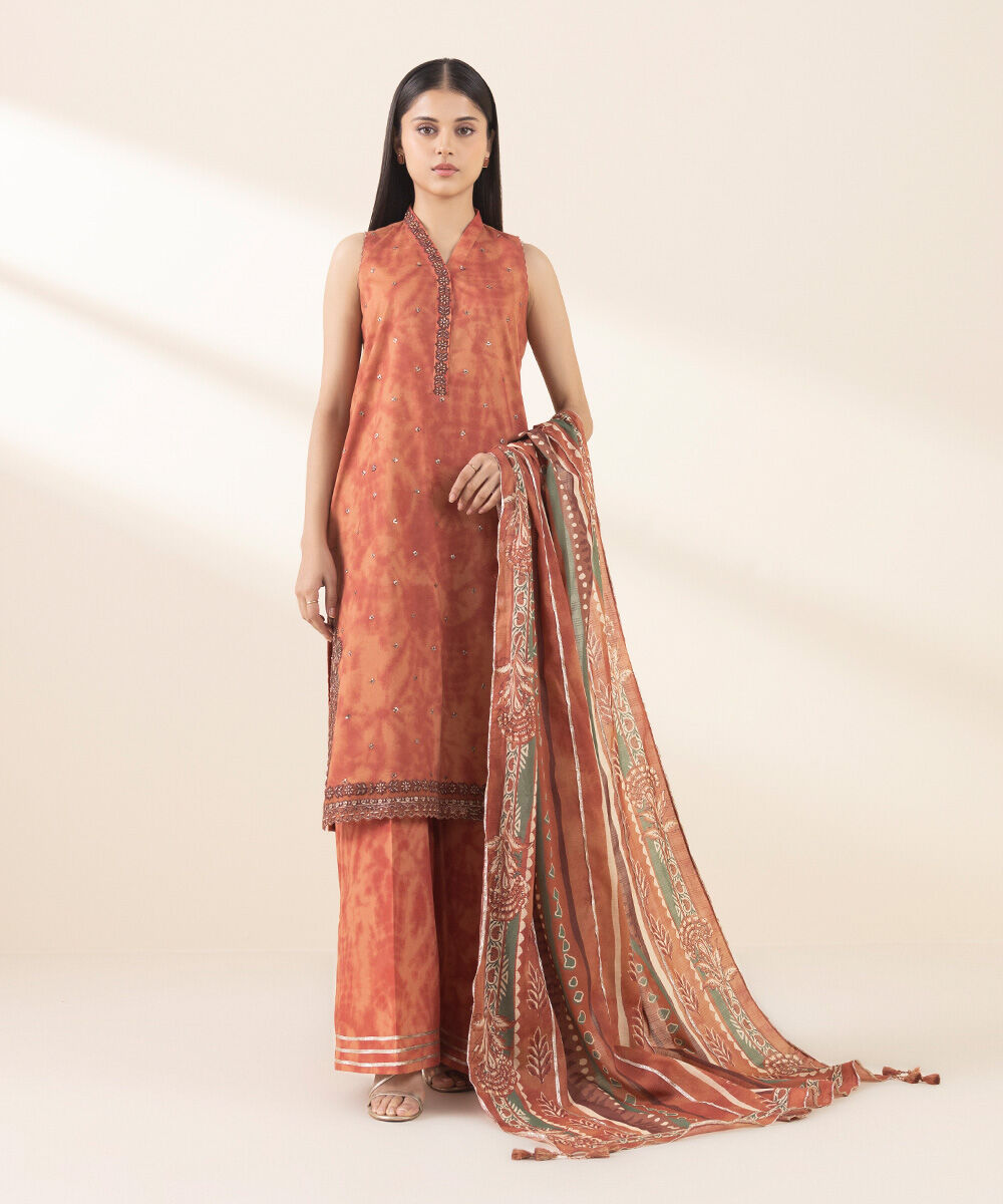Unstitched Women's Embroidered Lawn Orange Three Piece Suit