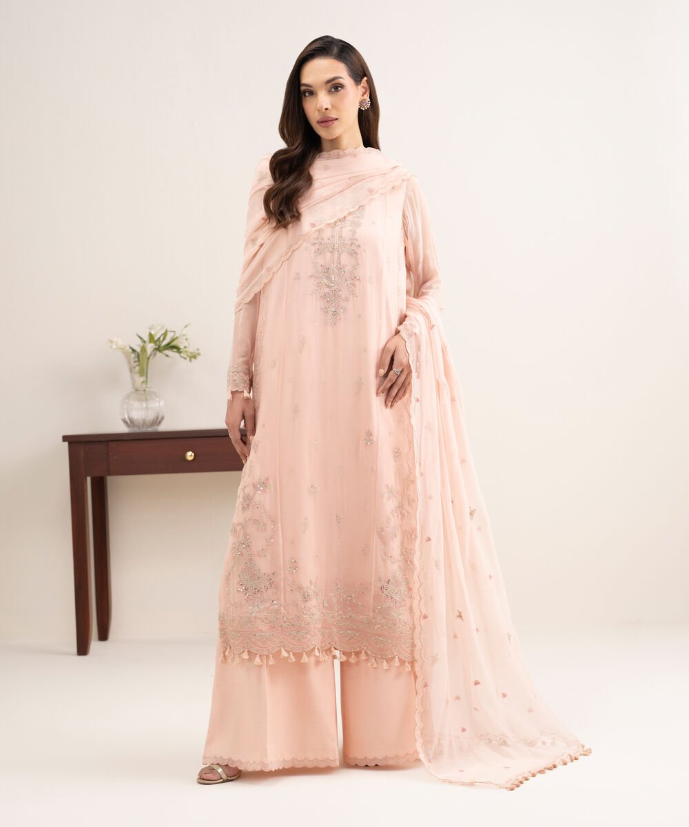 Women's Unstitched Blended Chiffon Embroidered Pink 3 Piece Suit