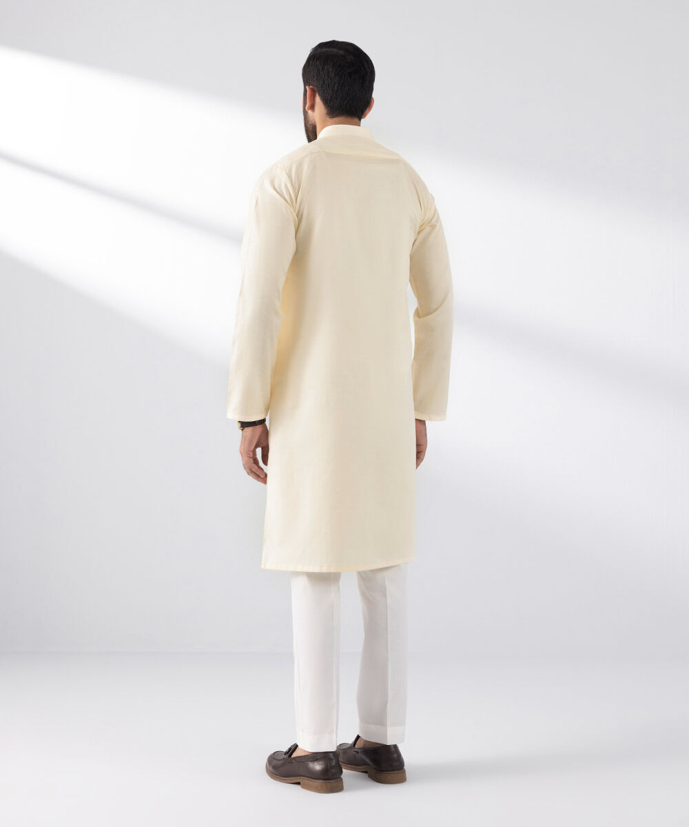 Men's Stitched Kurta Off White Embroidered Cotton Dobby Kurta