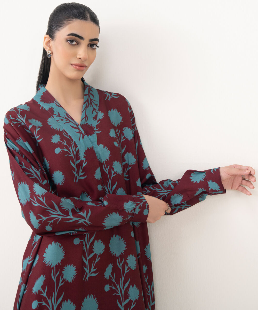 Women's RTW Viscose Linen Maroon Printed Drop Shoulder Shirt