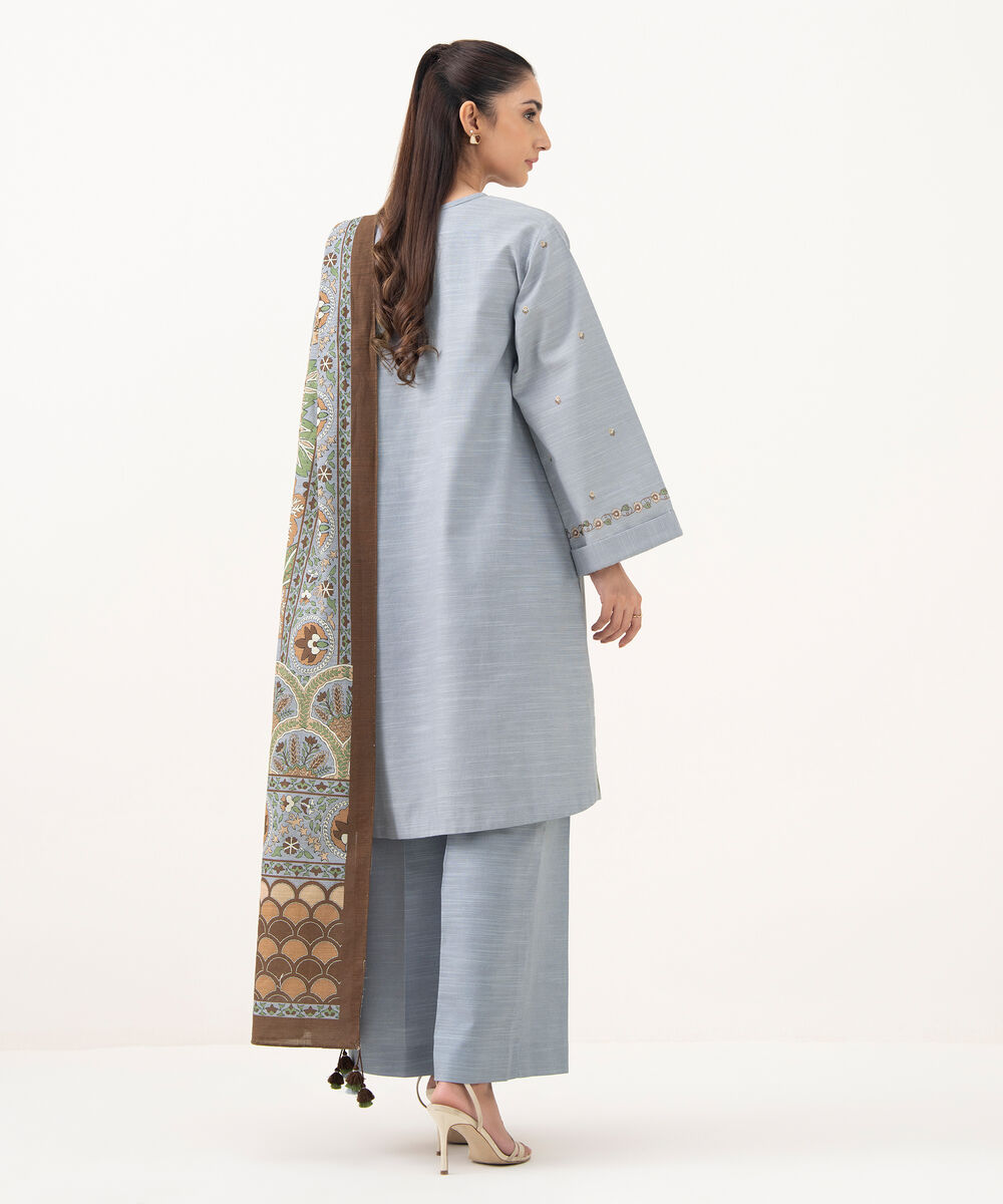 Women's Unstitched Cotton Embroidered Blue 3 Piece Suit