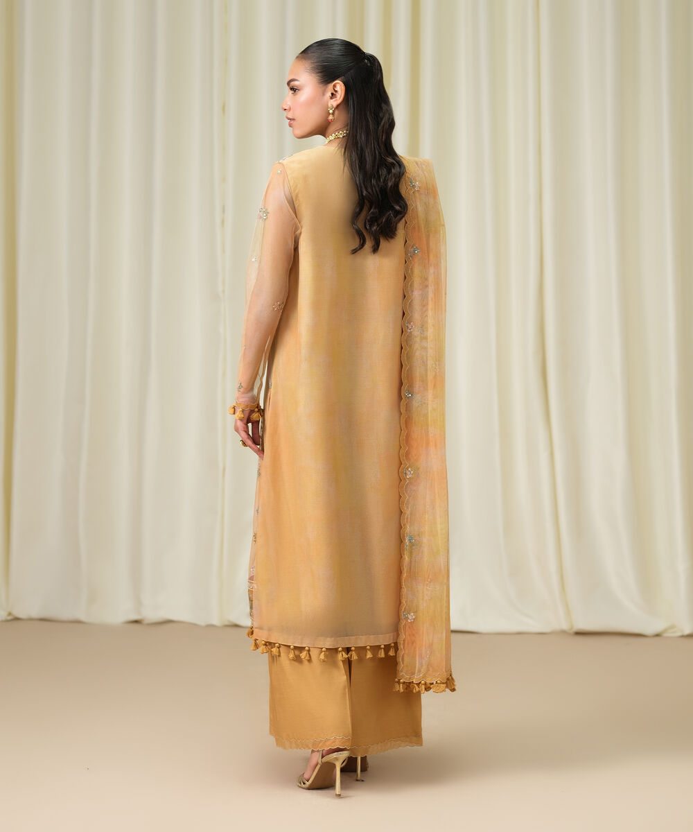 Women's Unstitched Blended Net Embroidered Yellow 3 Piece Suit