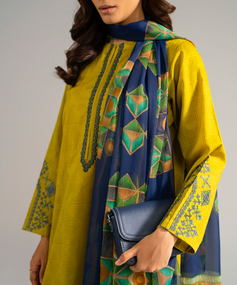 Women's RTW Self Jacquard Embroidered Green 3 Piece Suit