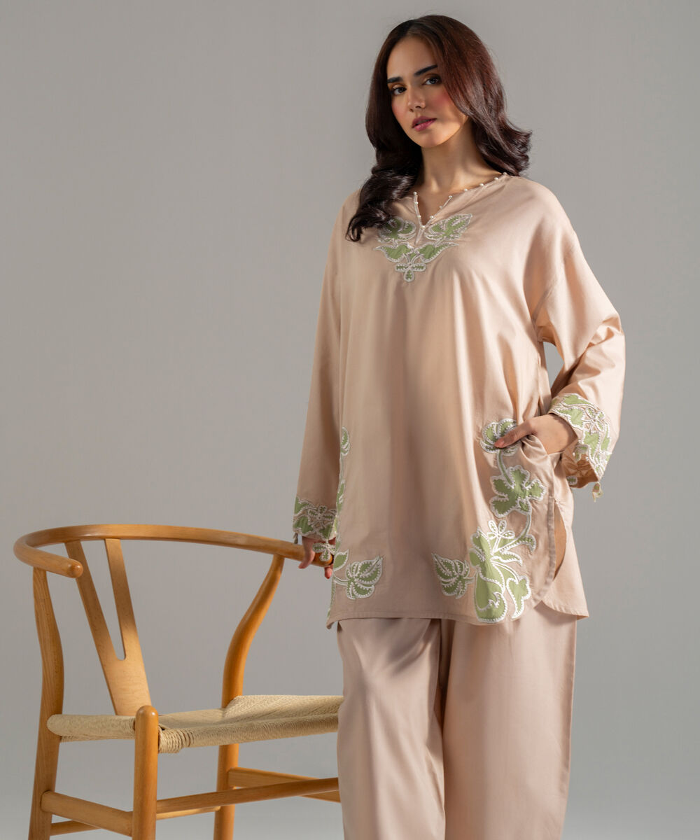 Women's RTW Lawn Solid Embroidered Beige 2 Piece Suit