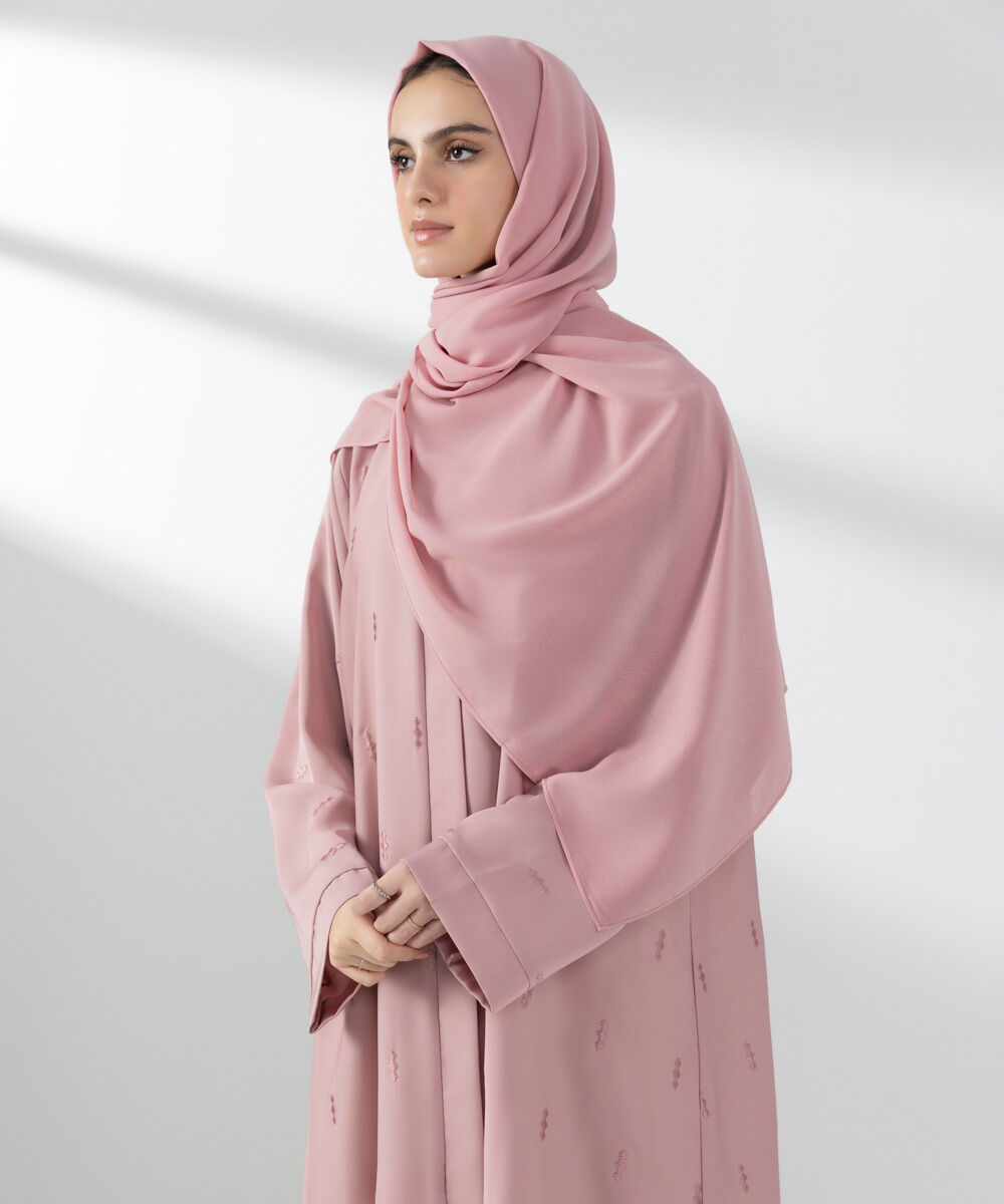 Woman - Pink Embroidered Button Through Abaya Set