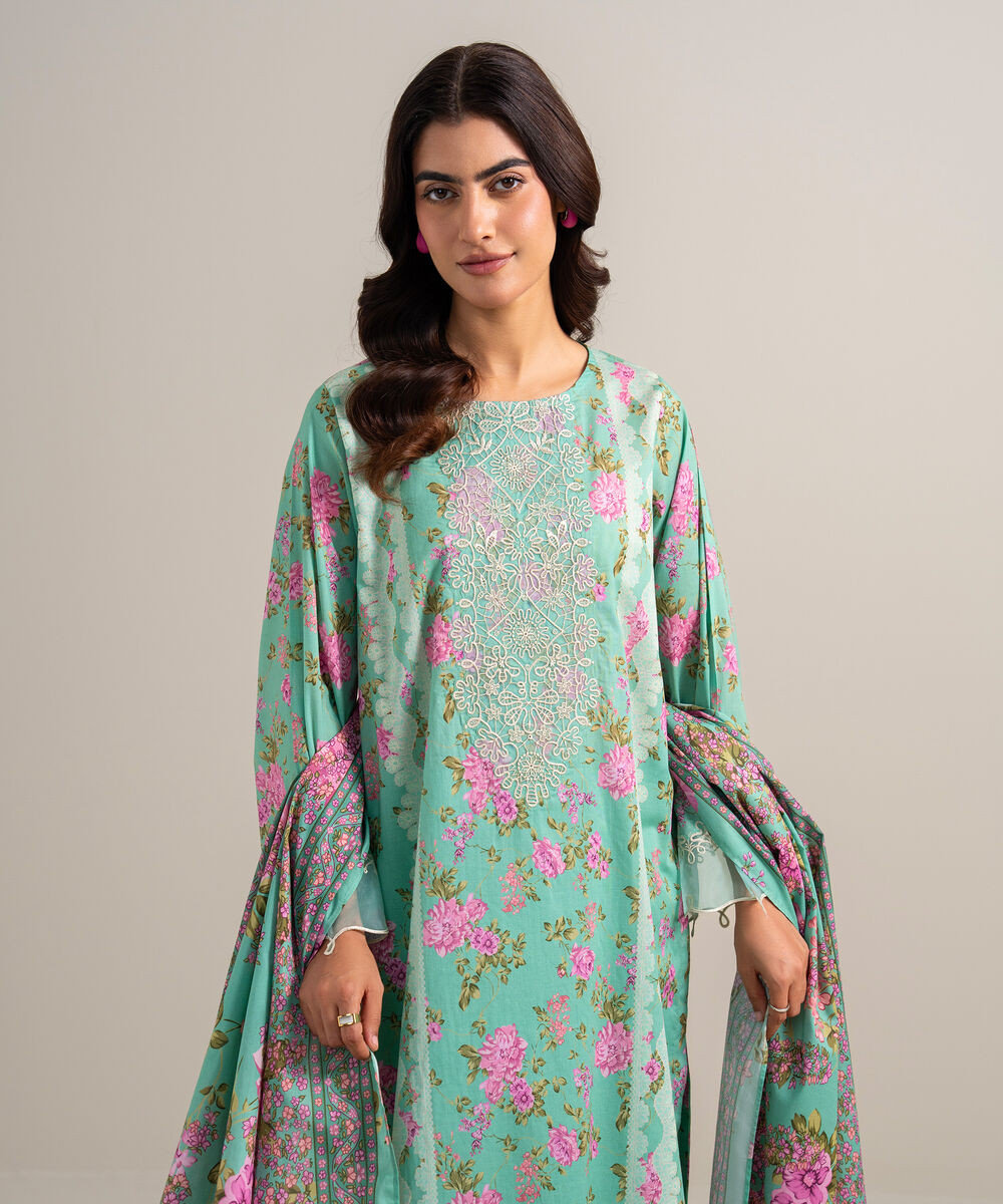Women's Unstitched Lawn Embroidered Tea Pink 3 Piece Suit