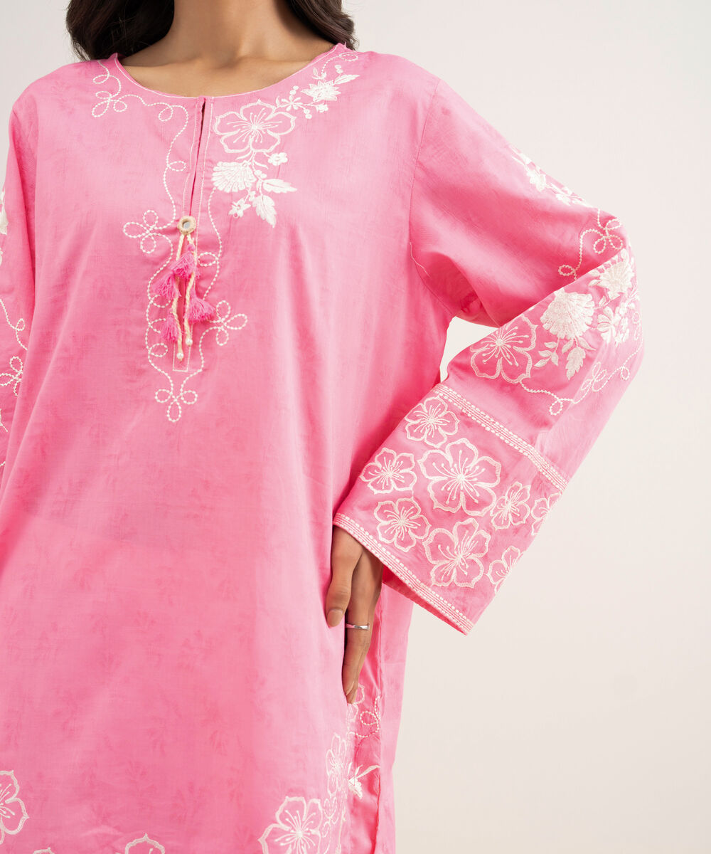 Women's RTW Self Jacquard Embroidered Pink Straight Shirt