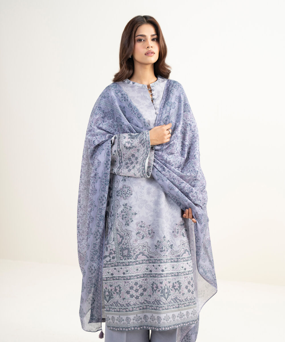 Women's Unstitched Zari Lawn Embroidered Grey 3 Piece Suit