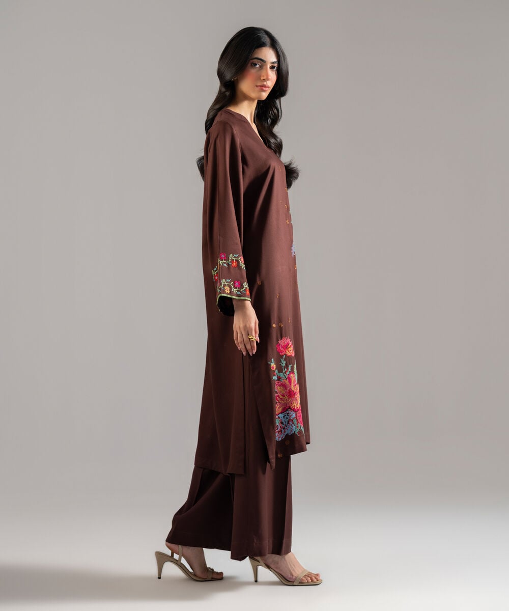 Women's RTW Bedford Solid Embroidered Brown Straight Shirt